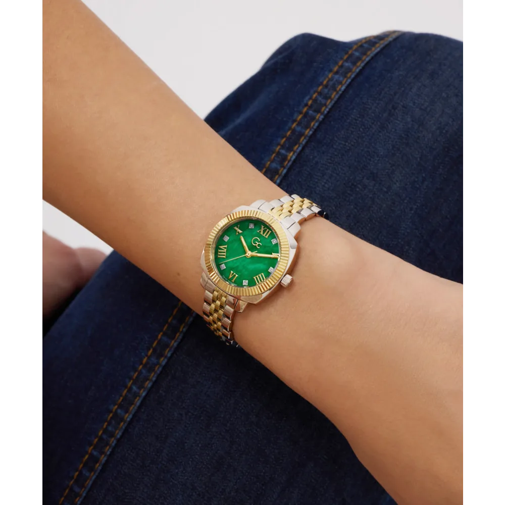 Gc Womens Swiss Quartz Analog Watch, 28mm Silver & Gold-Tone Polished Stainless Steel Pillowcase Case, Green Dial, European Crystals, Luminous Details, Sapphire Crystal, 10 ATM Water Resistance - Z73003L9 - Image 5