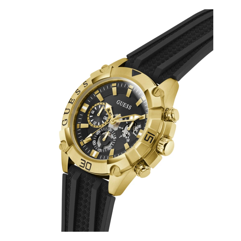 Guess Mens Analog Watch, 46mm Gold-Tone Round Stainless Steel Case, Black Brushed Polished Dial, Black Stainless Steel Strap, Strap Buckle, 50m Water Resistance - GW1060G2 - Image 4