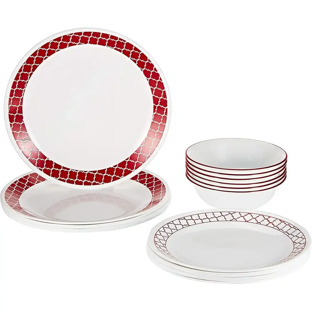 Corelle 2724574014864 Vitrelle Crimson Trellis Dinnerware Set, 18 Pieces White and Red - 4116488