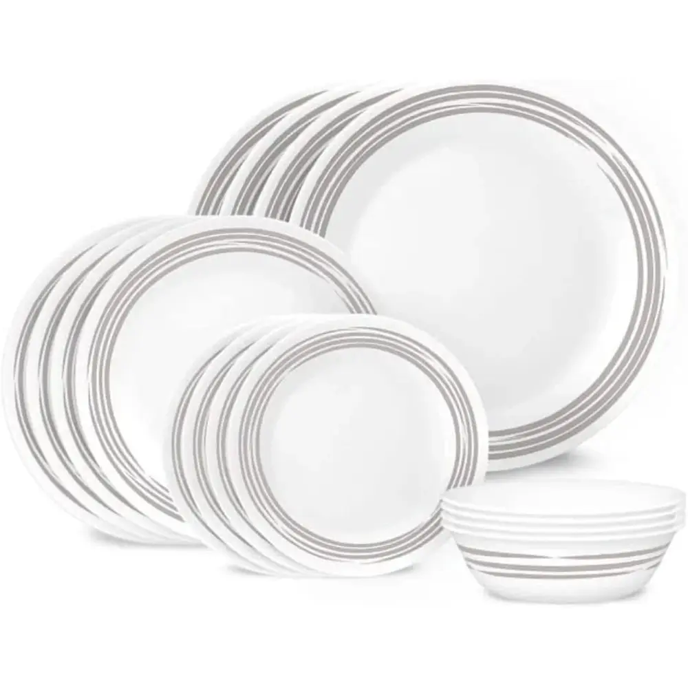 Corelle Brushed Silver Dinner Set Chip And Break Resistant Tempered Glass 16 Pcs - 4119997