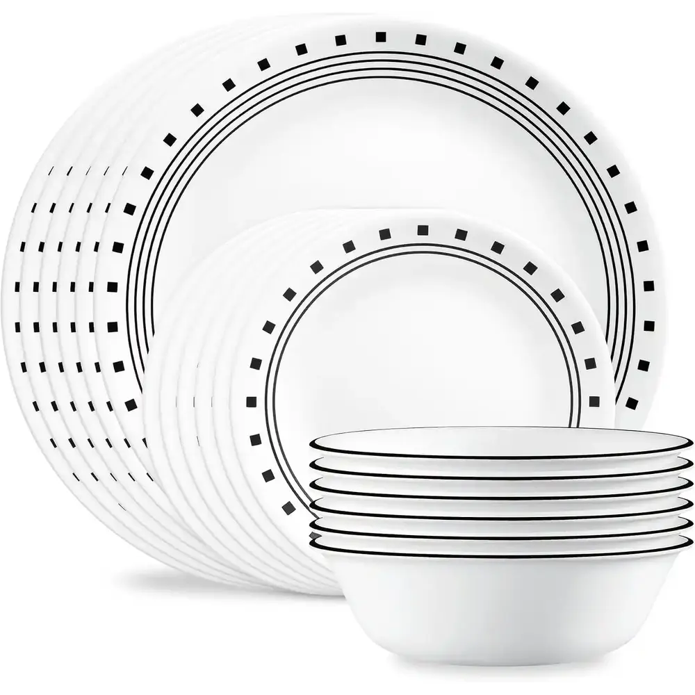 Corelle Chip Resistant Classic Collection City Block Dinnerware Set Tempered Glass Service For 6 - 4119934