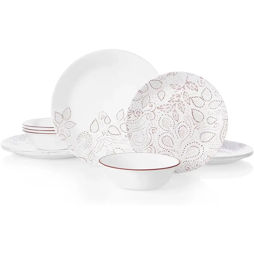 Corelle Leaf Stitch Dinnerware Set Red Glass Service For 4 - 4116613