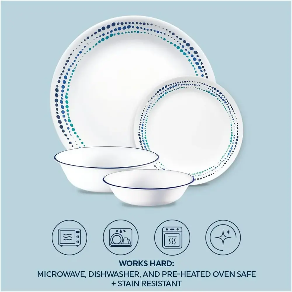 Corelle Ocean Blues , Chip And Break Resistant Dinnerware Set, Service For 4, Dinner Plates And Dinner Bowls, White Glass 16 Pcs - 4119992 - Image 5