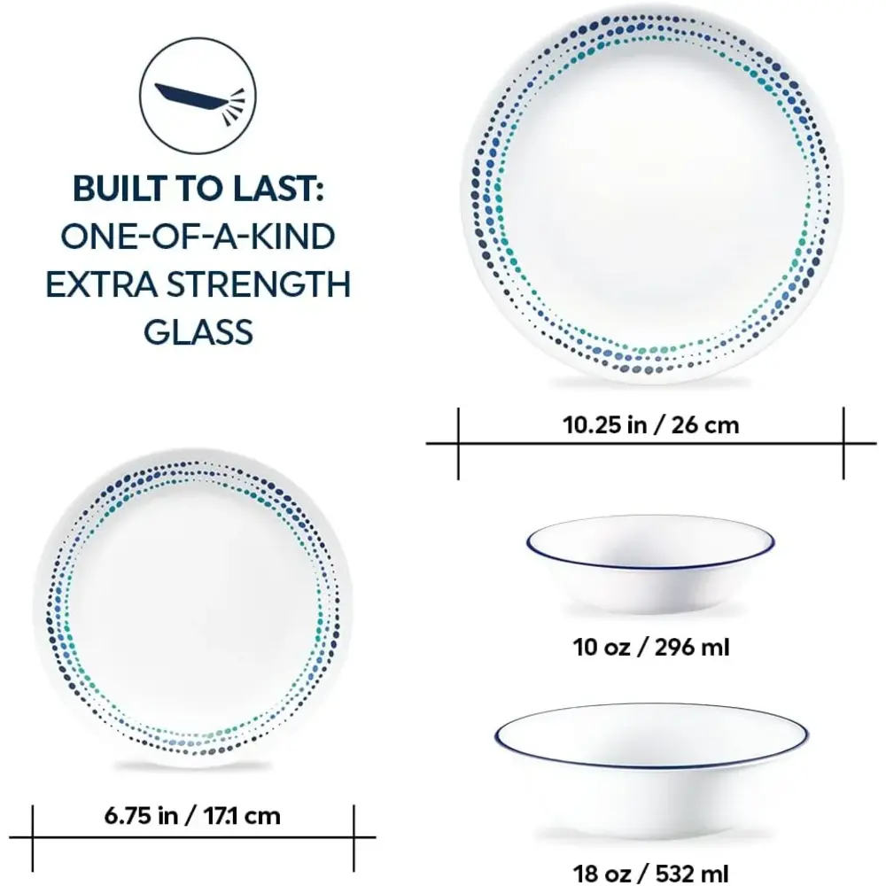 Corelle Ocean Blues , Chip And Break Resistant Dinnerware Set, Service For 4, Dinner Plates And Dinner Bowls, White Glass 16 Pcs - 4119992 - Image 7