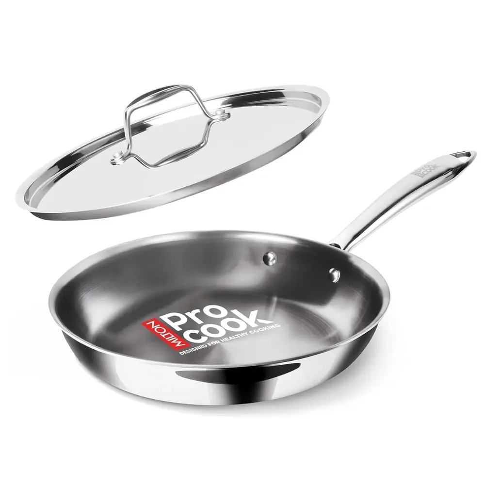 Milton Pro Cook Frying Pan, Triply With LID, 1.7 Litre, Skillet For Curry, Stir-fry, Omelette Pans, Saut Induction And Gas Stainless Steel 24cm - 3015837