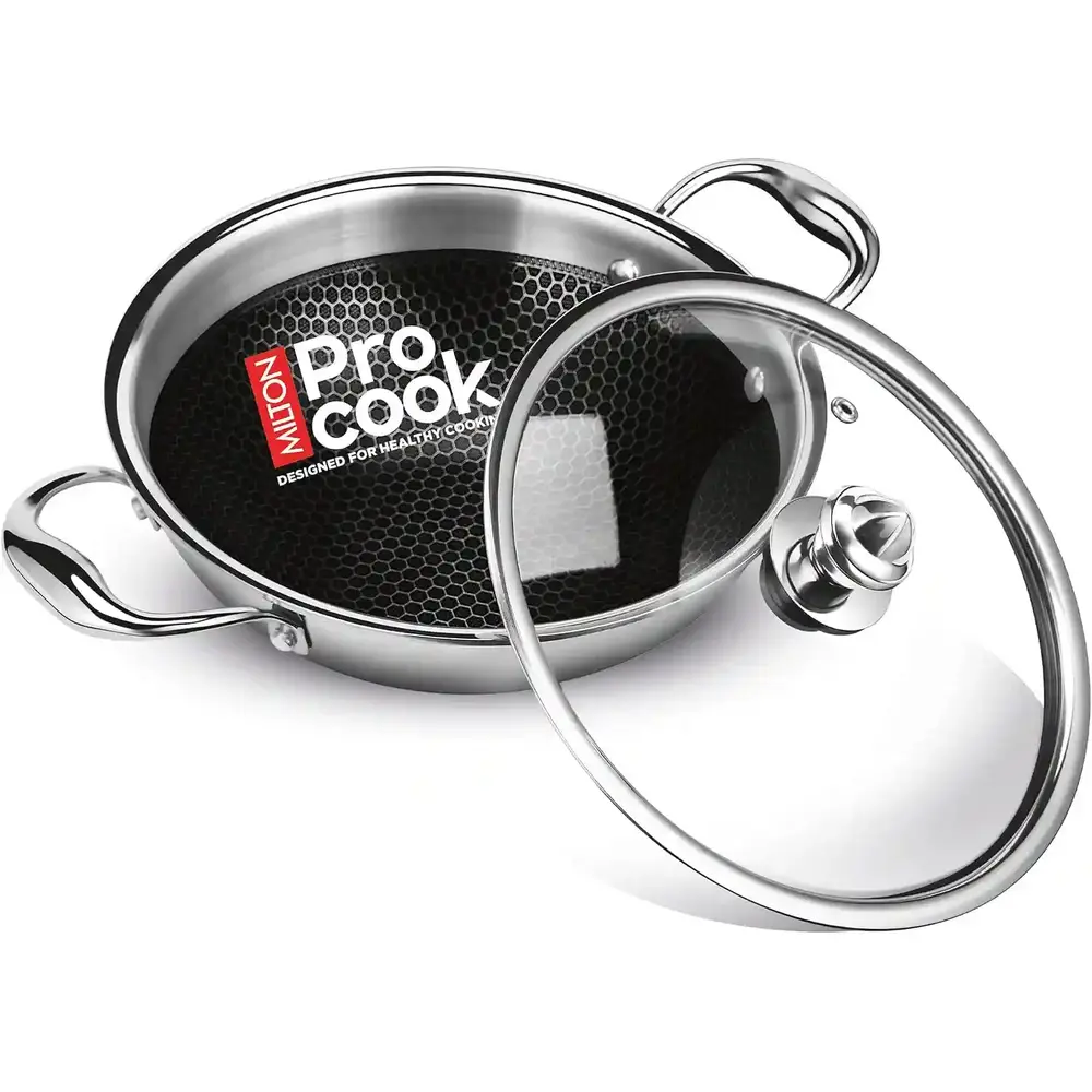 Milton Pro Cook Triply Hexa Tech Induction Kadhai With Glass LID, Silver, 3 Layer Kadhai For Cooking, Induction Bottom Stainless Steel 24cm - 3015842