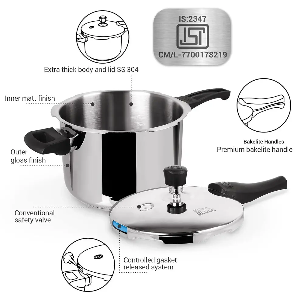 Milton Pro Cook Triply Pressure Cooker With Outer LID, 5 Litre, Silver, Dishwasher Safe, Food Safe, Induction Safe, Hot Plate Stainless Steel - 3015852 - Image 3