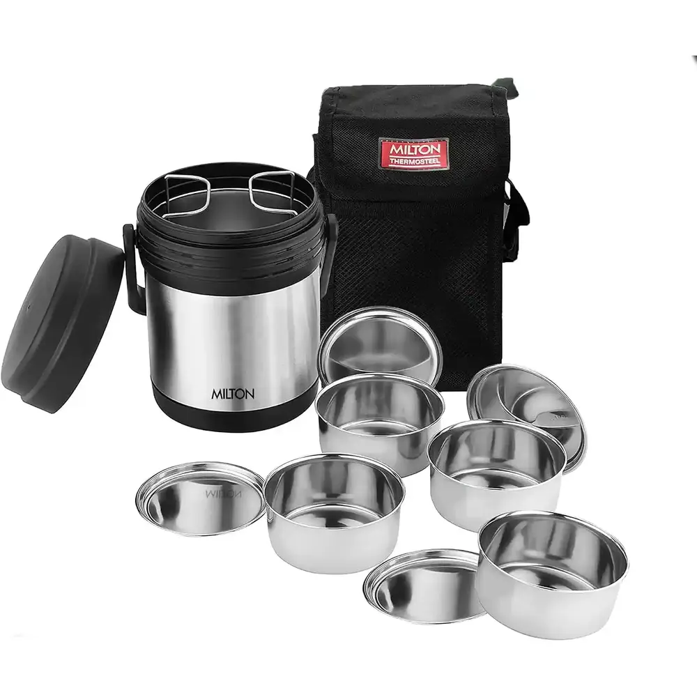Milton Thermosteel Hot Meal Container Lunch Box, Set Of 4, Black Stainless Steel - 3015661