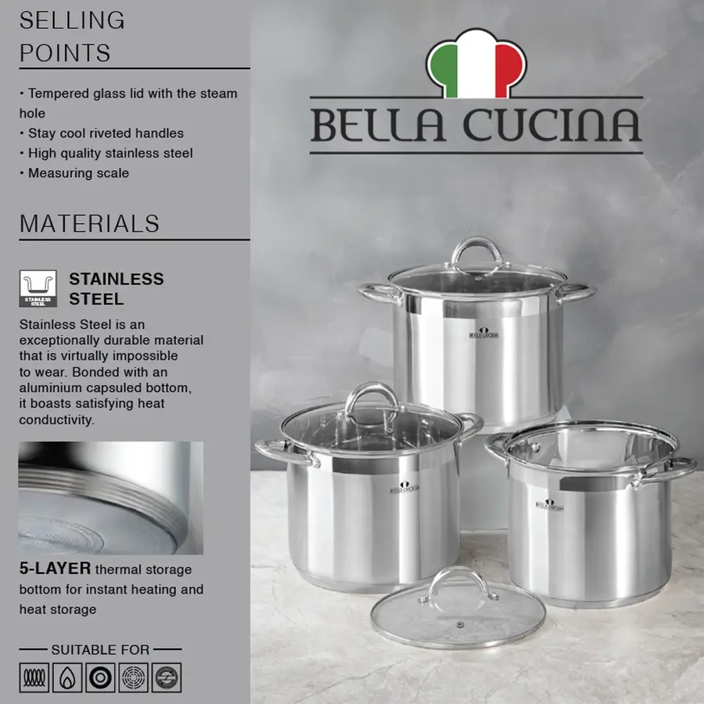 Bella Cucina Triply Stainless Steel 6-Piece Casserole Set with Glass Lids, 28 to 32 cm - BC-2167 - Image 7