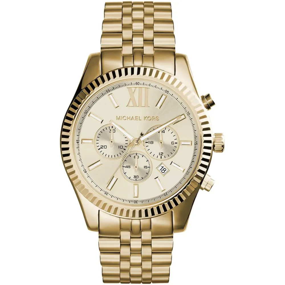 Michael Kors Lexington Mens Chronograph Watch, Gold Tone Stainless Steel Bracelet, Champagne Dial, Quartz Movement, 100M Water Resistant - MK8281