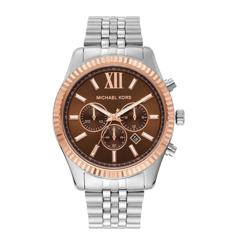 Michael Kors Lexington Mens Chronograph Watch, Silver Tone Stainless Steel Bracelet, Brown Dial, 44 mm Round Case, Quartz Movement, 10 ATM Water Resistant - MK8732