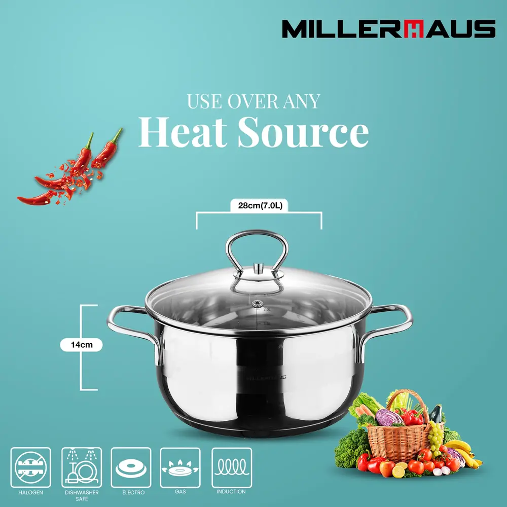 Millerhaus Triply Stainless Steel Casserole with Lid, Induction Ready, 28 cm - MH-1013 - Image 4