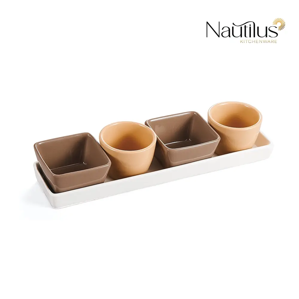Nautilus Ceramic 5-Piece Rectangular Serving Tray Set, White - RNGT-10599