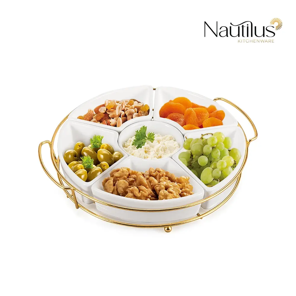 Nautilus Ceramic 6-Piece Serving Set with Gold Stand, White - RNGT-10595