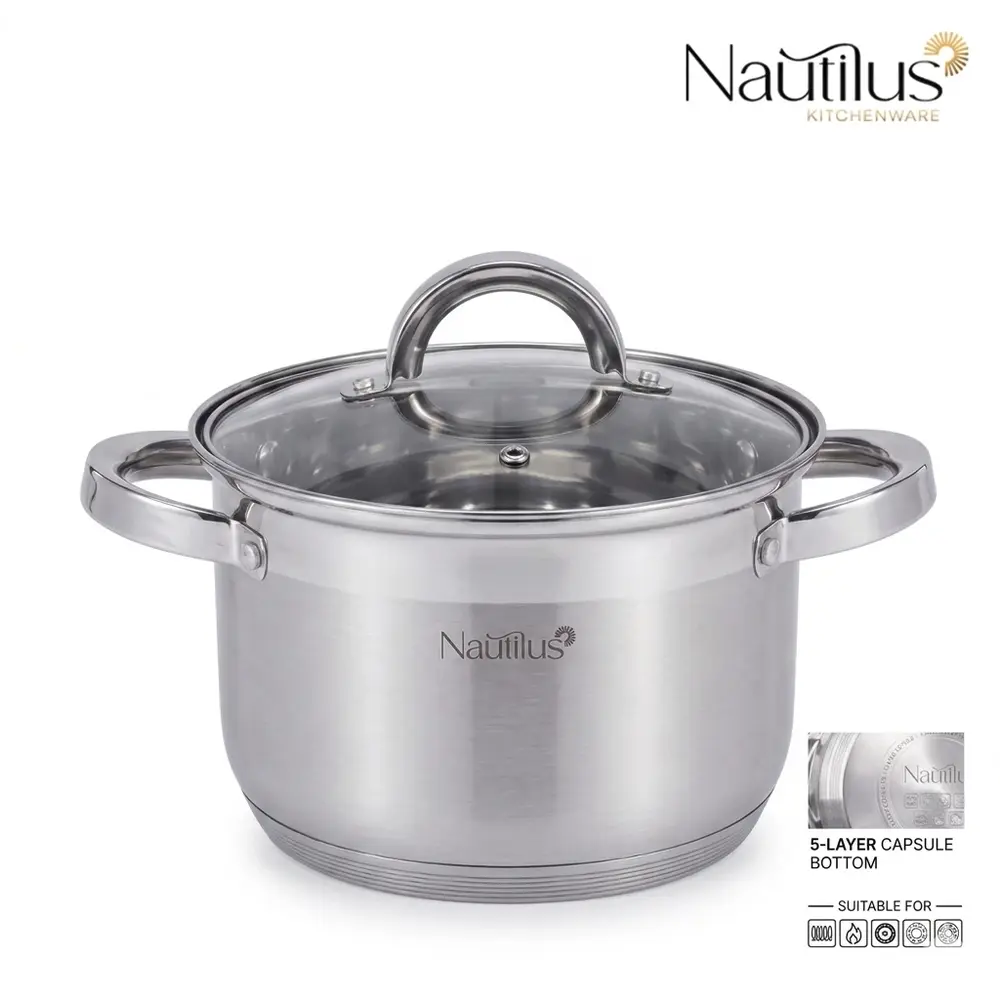 Nautilus Stainless Steel Casserole with Glass Lid, Silver, 24 x 14.5 cm - RNGT-10695