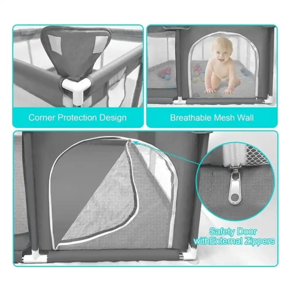 Star Babies Baby Playpen With 4 Pull-Up Rings, Dark Grey, Spacious Play Area, 120 x 120 cm - VD-0634881584412 - Image 2