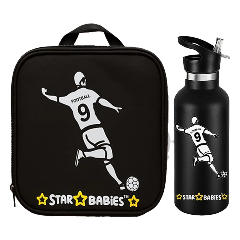 Star Babies Bento Lunch Bag & Stainless Steel Water Bottle Set, Football, 2 Pcs, Spacious Single Compartment - VD-0762221493503