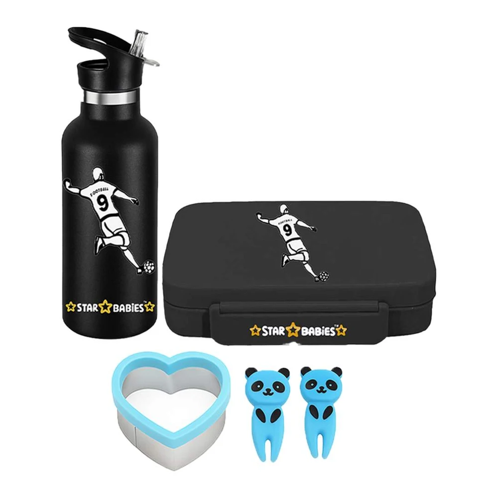 Star Babies Bento Lunch Box With 4 Compartments & Stainless Steel Water Bottle, Football, 500 ml with Free Sandwich Cutter, Fruits Picks - VD-0762221493442