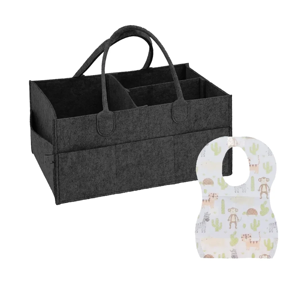 Star Babies Caddy Diaper Bag with Disposable Bibs, 10pcs, Grey Black - VD-0793269332530