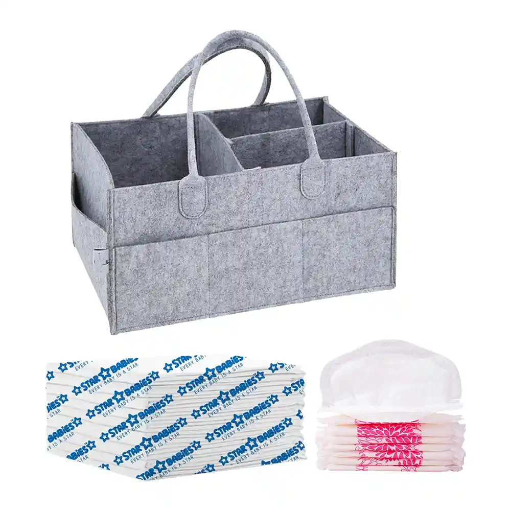 Star Babies Caddy Diaper Organizer Grey With Breast Pad, 10pcs & Changing Mat, 10pcs - VD-0793269331441