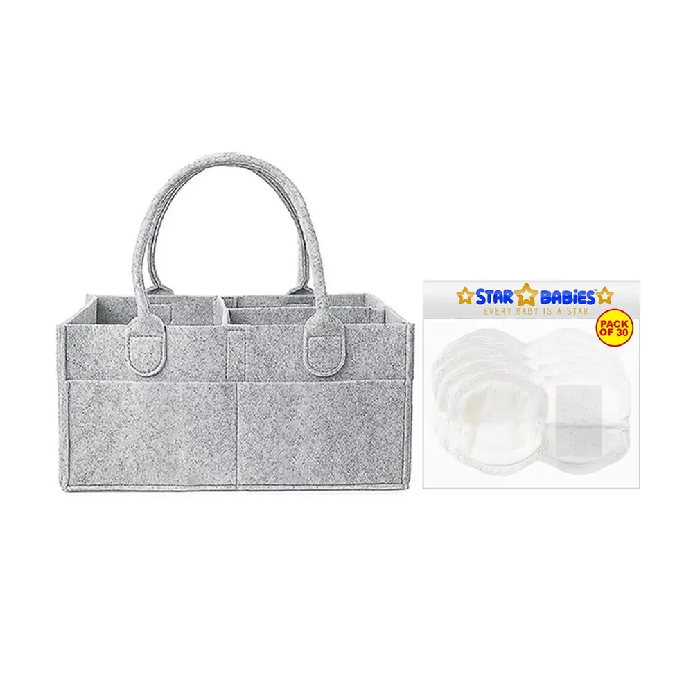 Star Babies Diaper Caddy Organizer With Disposable Breast Pads, Grey White, 31 Pcs - VD-0649310956593