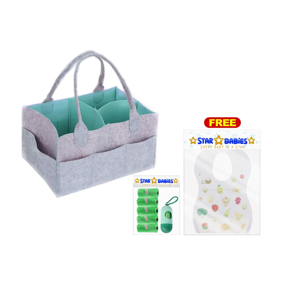 Star Babies Diaper Caddy Organizer with Scented Bag Dispenser & Disposable Bibs, Grey - VD-0735940546454