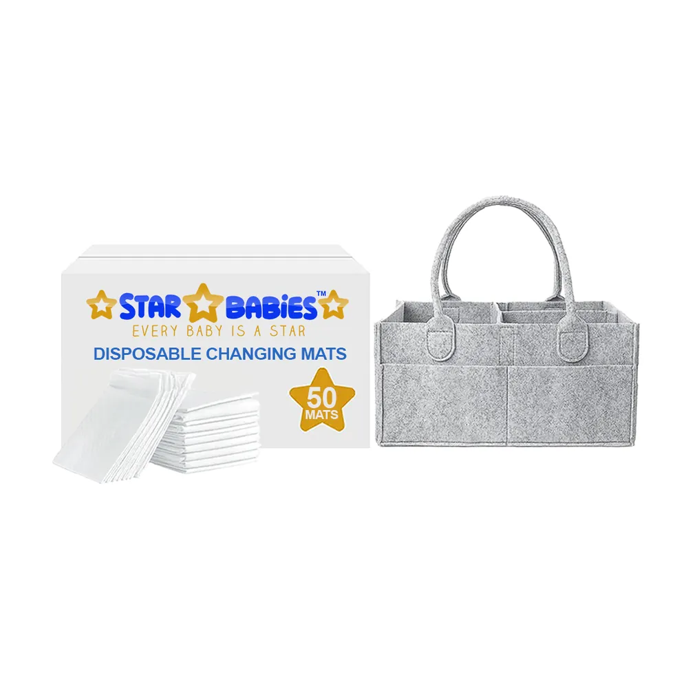 Star Babies Disposable Changing Pads With Baby Diaper Caddy Organizer 50Pcs, White Grey - VD-0717623996343