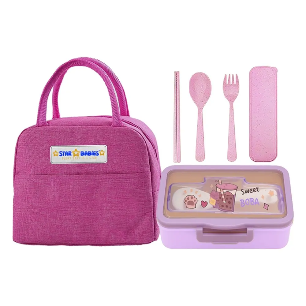 Star Babies Insulated Lunch Bag And Lunch Box With Cutlery Set, Pink, 6 Pcs, Complete Lunch Combo - VD-0795276697305
