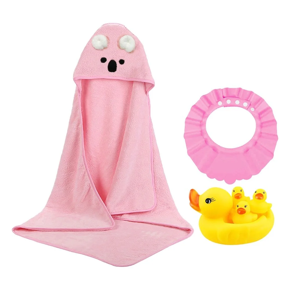 Star Babies Microfiber Hooded Towel and Kids Shower Cap With Rubber duck 4pcs, Pink, Ultra-Soft Material - VD-0652805085883