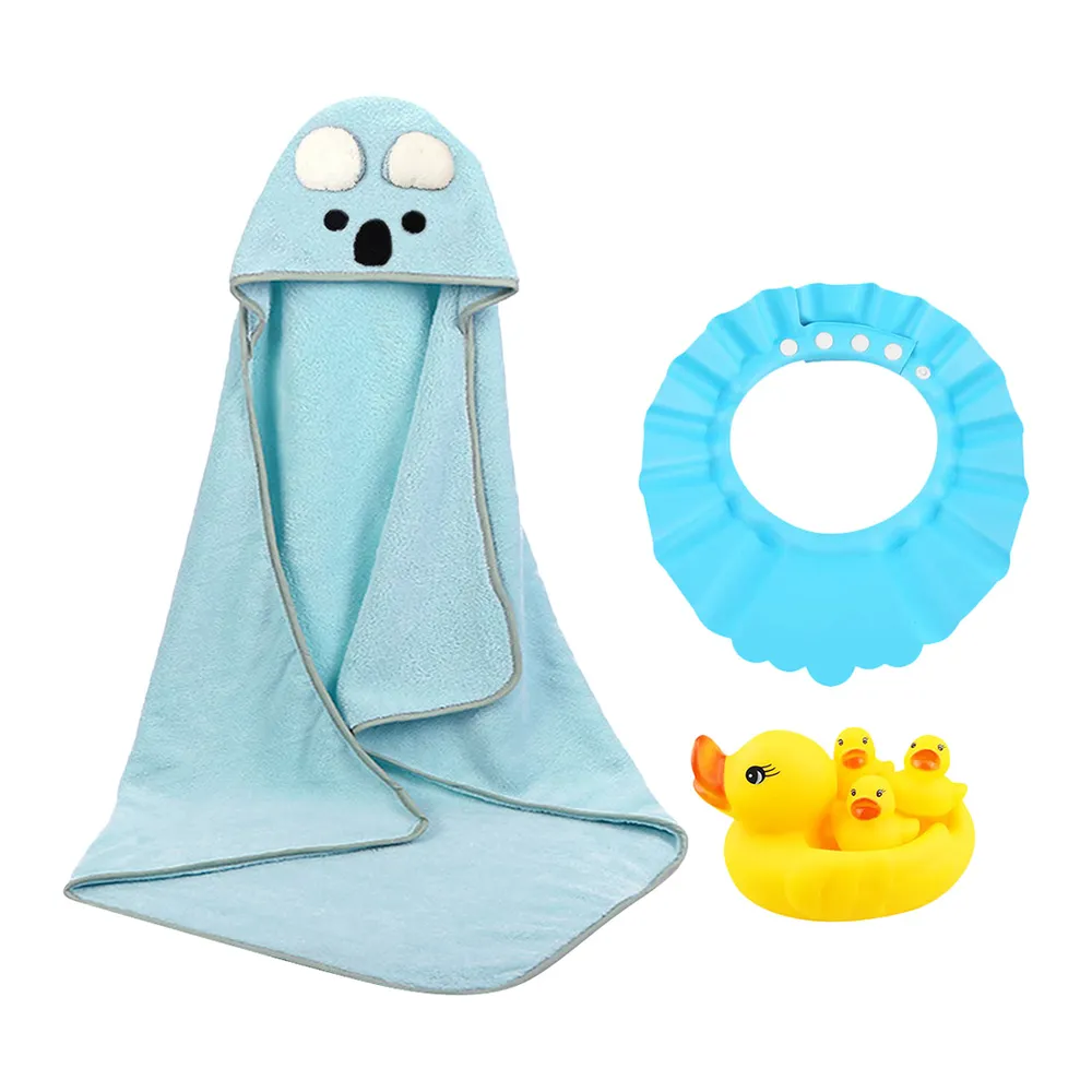 Star Babies Microfiber Hooded Towel, Kids Shower Cap And Rubber Duck 4pcs, Blue, Ultra-Soft Material - VD-0652805086101
