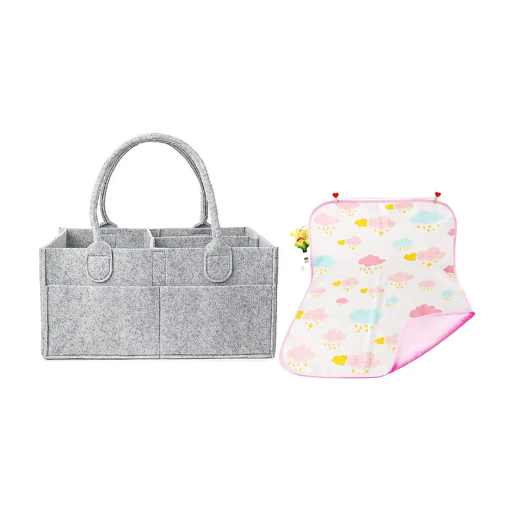 Star Babies Reusable Printed Changing Mat & Diaper Caddy Organizer Set, Grey Pink, 2 Pcs - VD-0649310956876