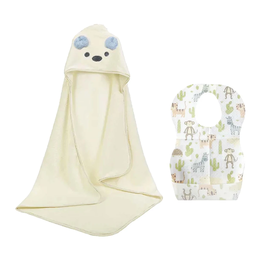 Star Babies White Microfiber Hooded Towel With Disposable Bibs 10pcs, Animal Print - VD-0760532707173