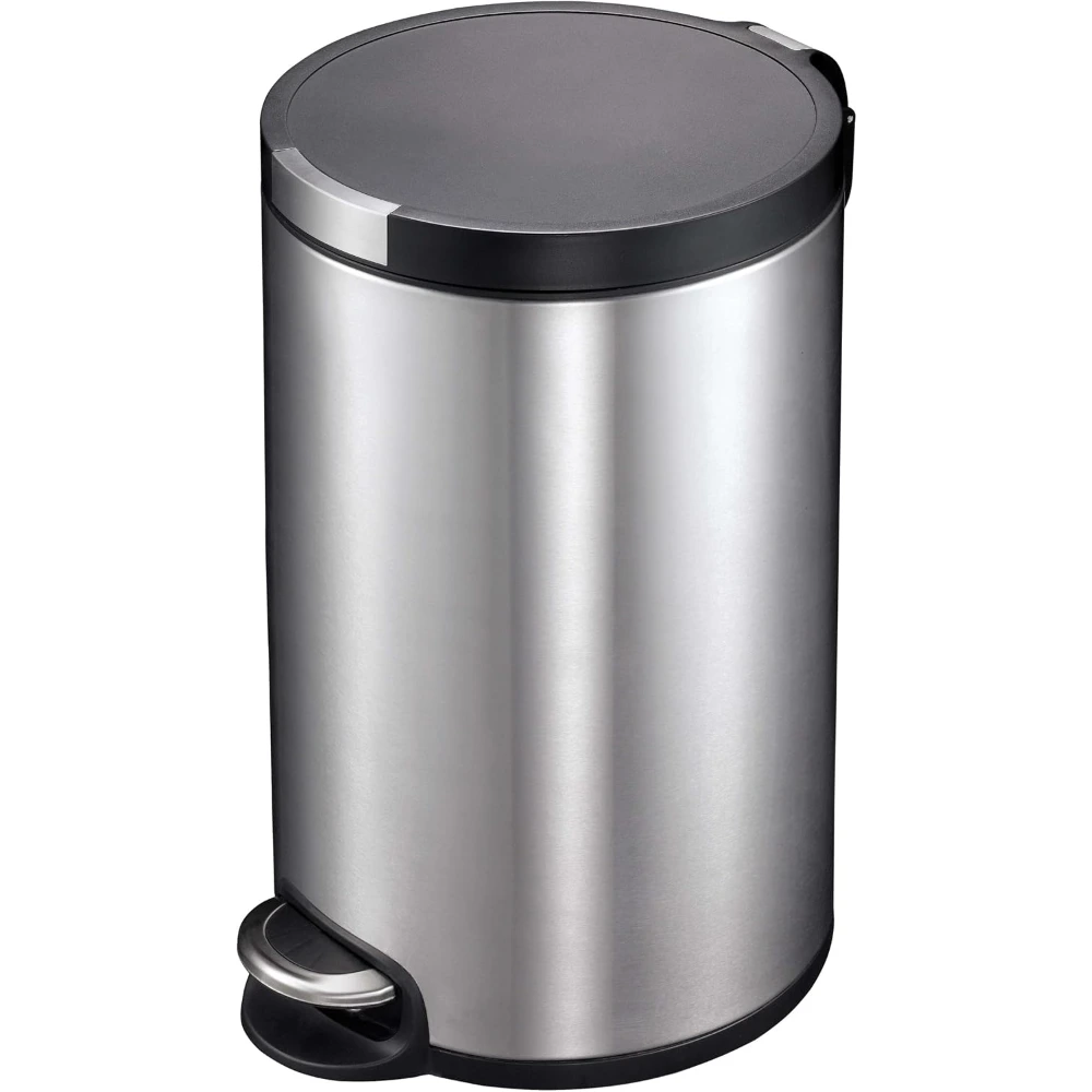 EKO Artistic 20L Round Step Bin, Brushed Stainless Steel, Fingerprint-Resistant Finish, Soft-Close Lid, Durable Cantilever Pedal, Built-In Bag Fixer, Silver - EK9225MT-20L