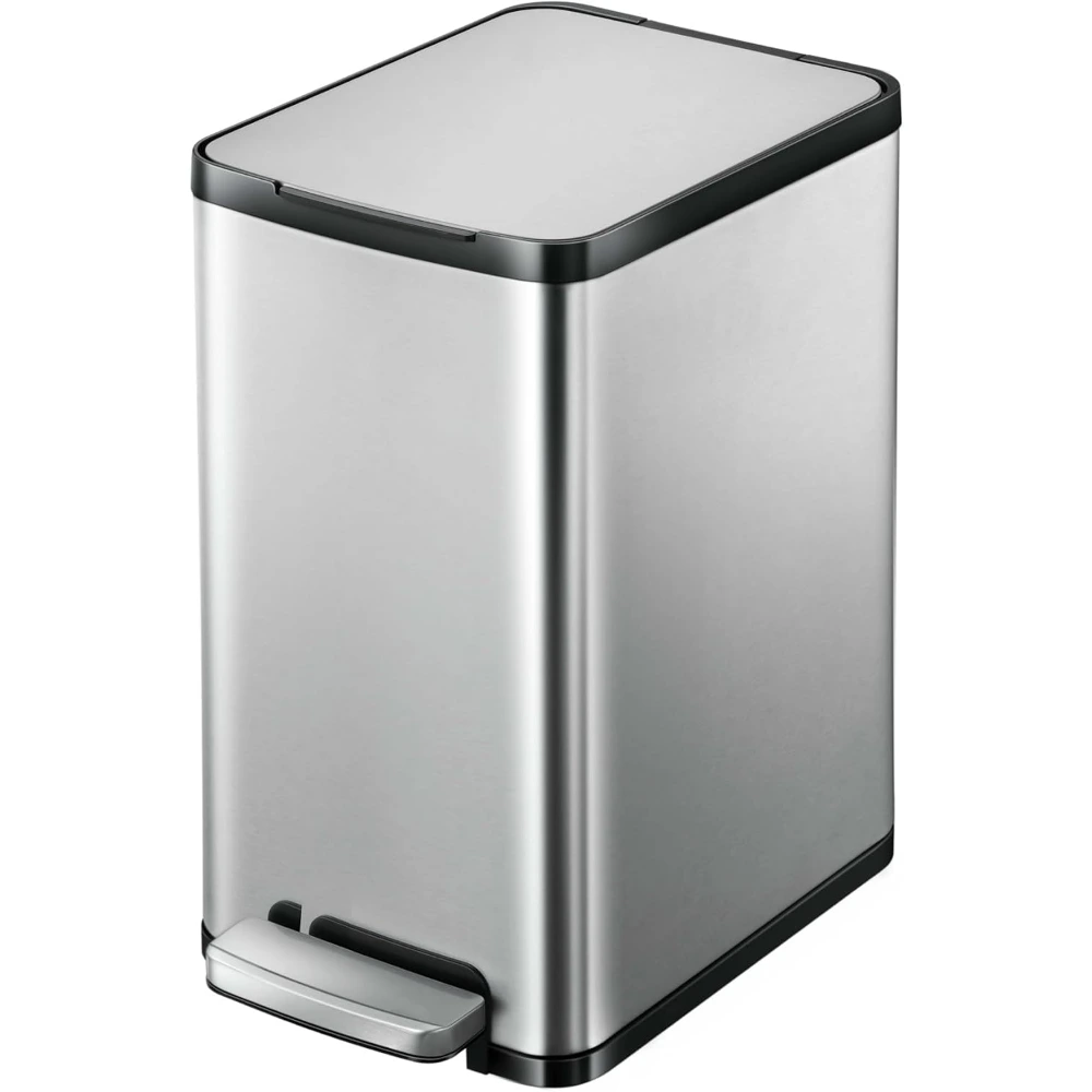 EKO Edison Slim 10L Step Bin, Stainless Steel Pedal Bin, Soft-Close Lid, Easy Lock Stay-Open Lid, Removable Inner Bucket, Skid-Resistant Base, Silver - EK8248MMT-10L
