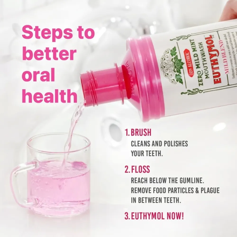 Euthymol Mild Mint Mouthwash, Alcohol-Free with Thymol, Reduces Plaque & Fights Bad Breath, Healthy Teeth & Gums, 500ml - EML-294460L1 - Image 6