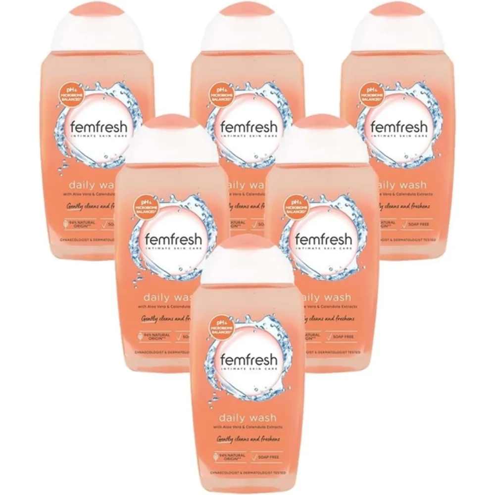 Femfresh Daily Intimate Wash, Soap-Free pH-Balanced Feminine Wash with Aloe Vera & Calendula, Hypoallergenic, 250ml, Pack of 6 - FFH-525937L2