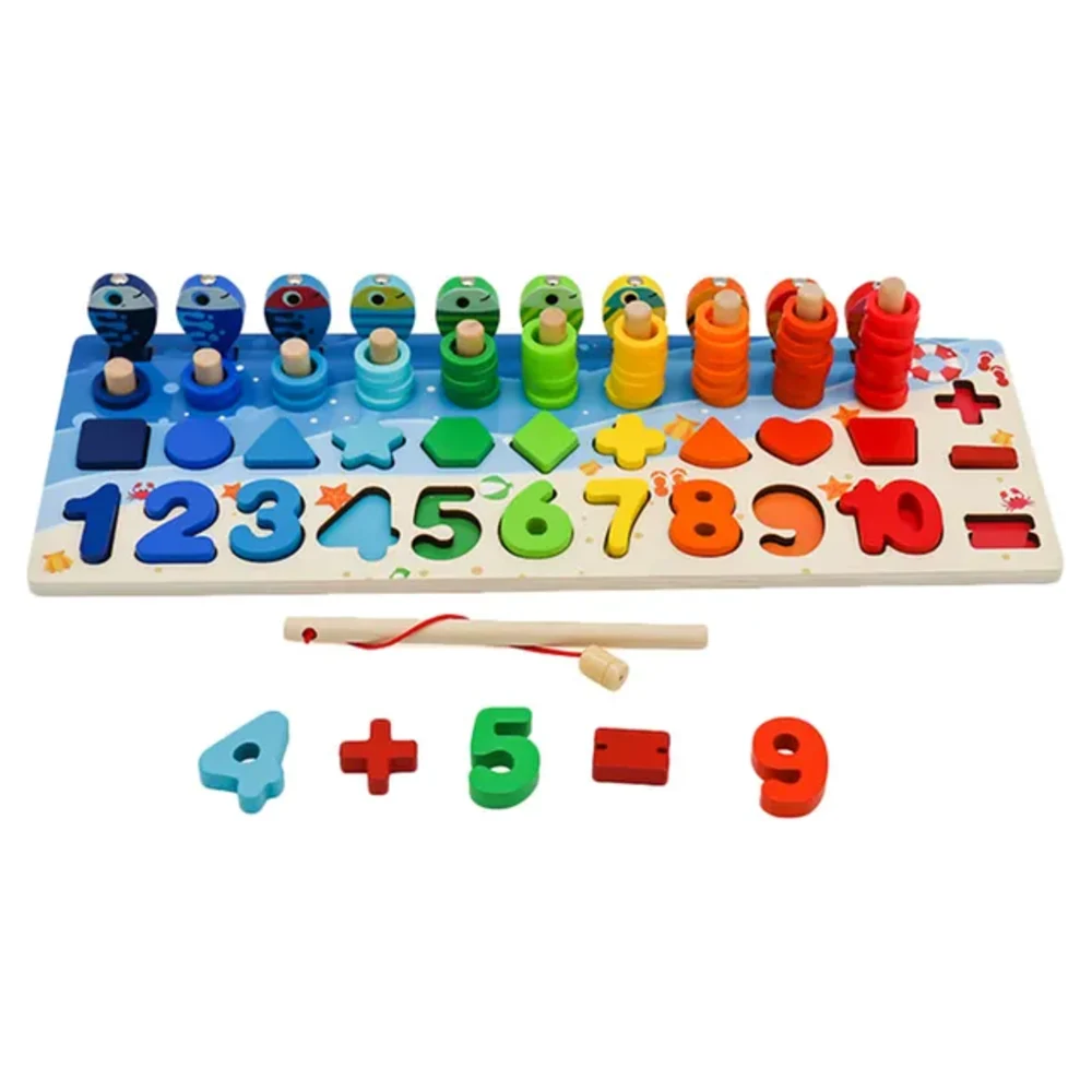 Little Angel 123 Wooden Learning Puzzle Board, Montessori Counting Toy with Magnetic Fishing Game & Stacking Rings, Kids Educational Toy, Multicolour - W12D227