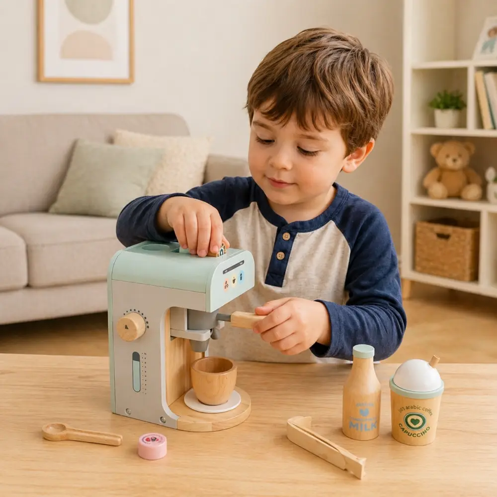 Little Angel Wooden Coffee Machine Playset 11 Pcs, Kids Pretend Cafe Play Toy with Cup, Spoon & Milk Bottle, Pastel Design, 3 Years+, Multicolour - TC8161 - Image 2