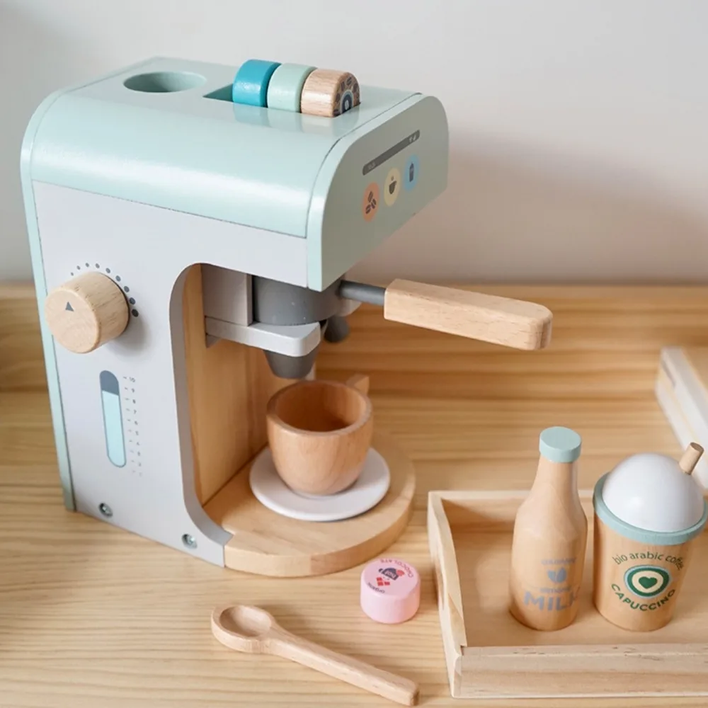 Little Angel Wooden Coffee Machine Playset 11 Pcs, Kids Pretend Cafe Play Toy with Cup, Spoon & Milk Bottle, Pastel Design, 3 Years+, Multicolour - TC8161 - Image 3