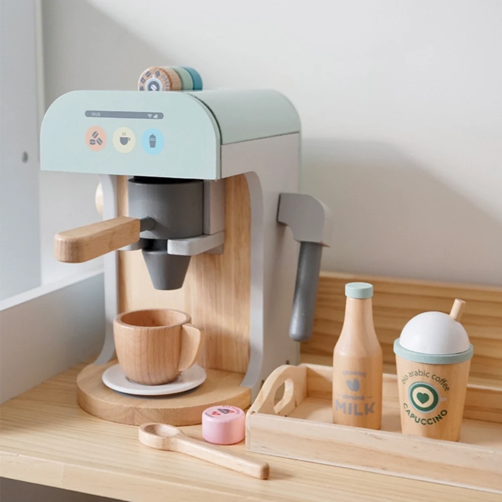 Little Angel Wooden Coffee Machine Playset 11 Pcs, Kids Pretend Cafe Play Toy with Cup, Spoon & Milk Bottle, Pastel Design, 3 Years+, Multicolour - TC8161 - Image 4