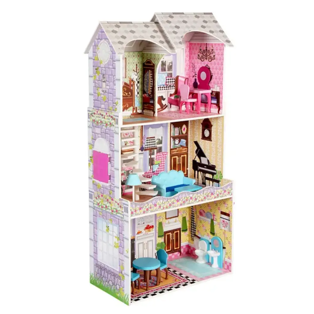 Little Angel Wooden Doll House Pretend Play Toy, Tall Furnished Kids Dollhouse with Staircase, Balcony & Painted Walls, 3 Years+ - TX1141