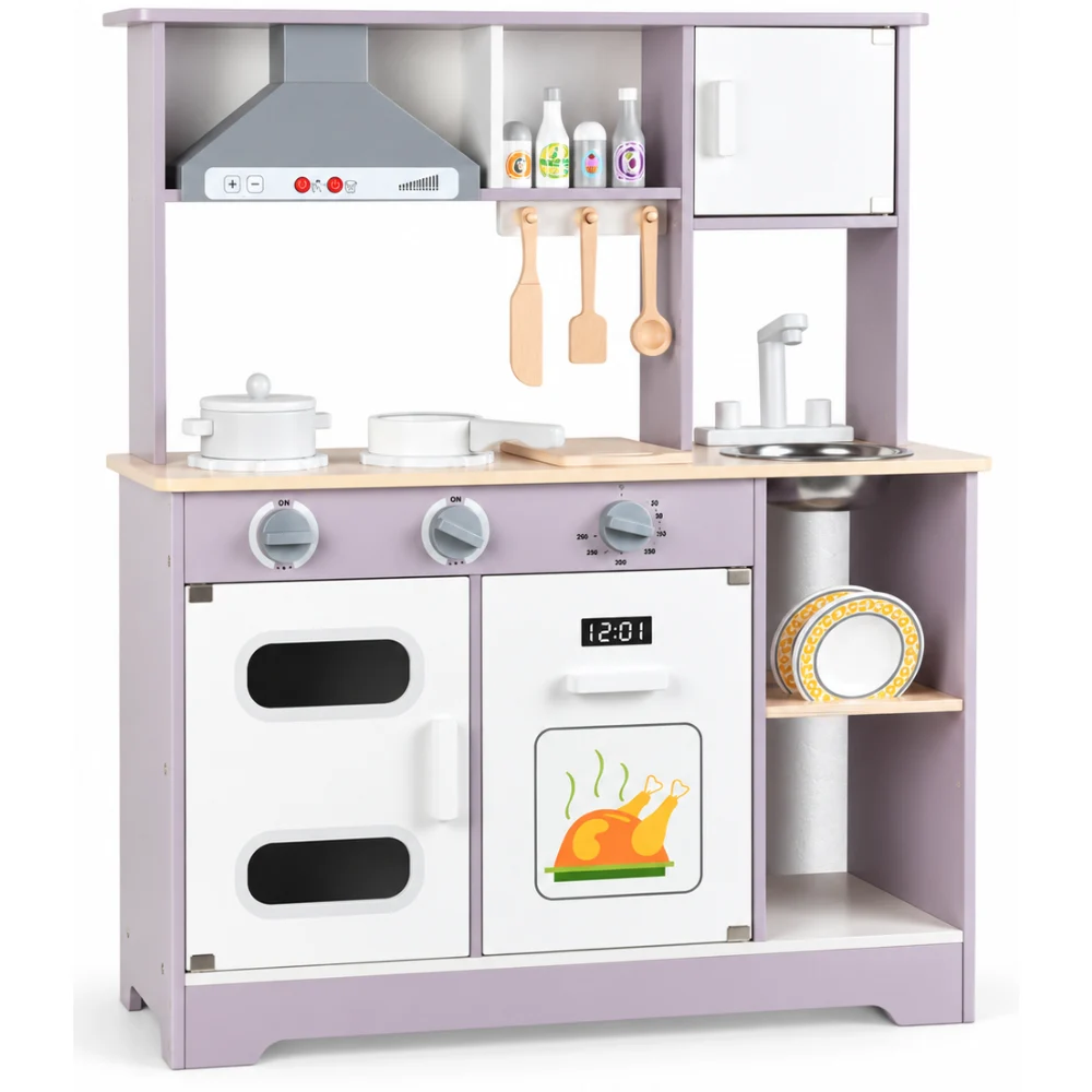 Little Angel Wooden Kitchen Kids Play Toy Set, Modern Pretend Cooking Kitchen with Chimney, Oven, Microwave & Sink, Accessories, 3 Years+, Grey & White - BL-20212