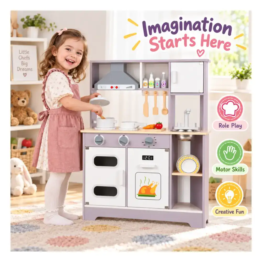 Little Angel Wooden Kitchen Kids Play Toy Set, Modern Pretend Cooking Kitchen with Chimney, Oven, Microwave & Sink, Accessories, 3 Years+, Grey & White - BL-20212 - Image 2