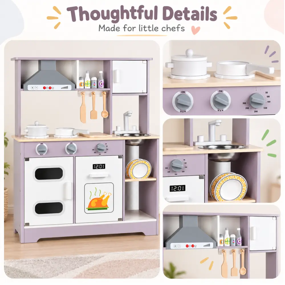 Little Angel Wooden Kitchen Kids Play Toy Set, Modern Pretend Cooking Kitchen with Chimney, Oven, Microwave & Sink, Accessories, 3 Years+, Grey & White - BL-20212 - Image 4