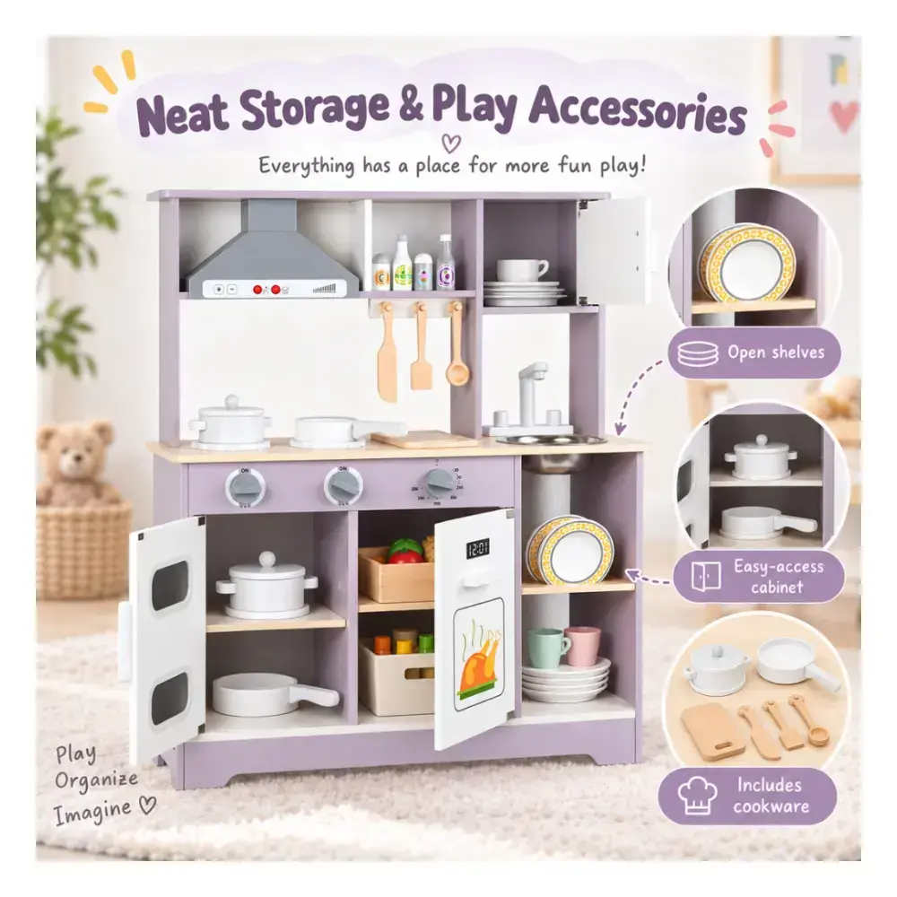 Little Angel Wooden Kitchen Kids Play Toy Set, Modern Pretend Cooking Kitchen with Chimney, Oven, Microwave & Sink, Accessories, 3 Years+, Grey & White - BL-20212 - Image 5