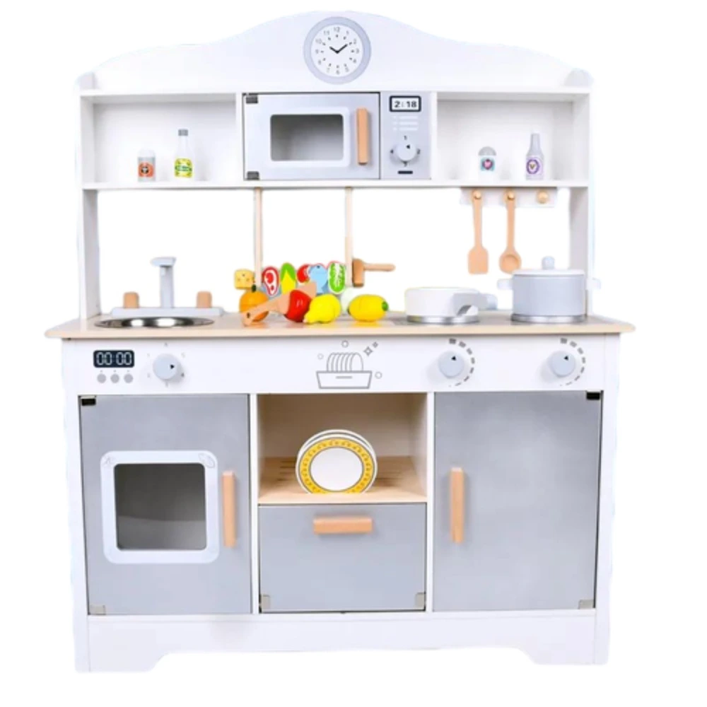 Little Angel Wooden Kitchen Kids Toy Play Set, Mid-Century Pretend Kitchen with Microwave, Sink & Clock, Food & Utensil Accessories, 3 Years+, White & Grey - BL-20210