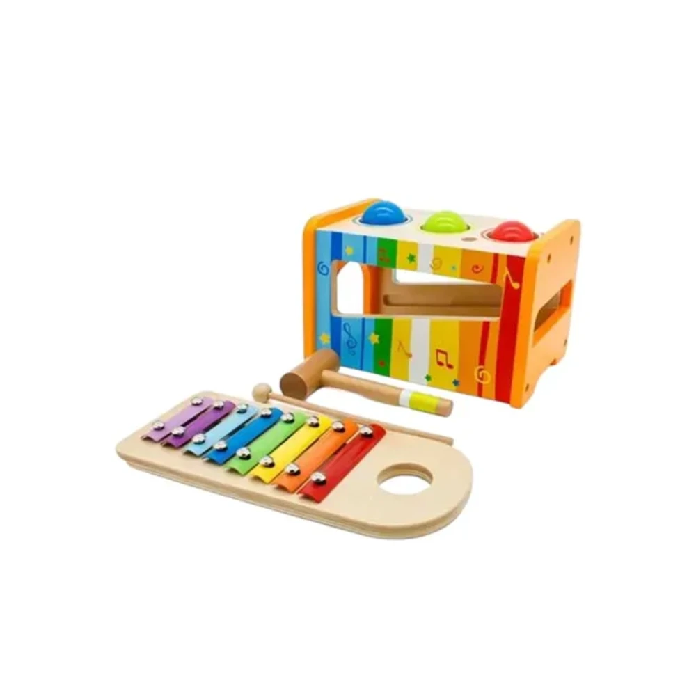 Little Angel Wooden Pound & Tap Xylophone, 2-in-1 Kids Musical Toy with Pounding Bench & Hammer, Montessori Learning Toy, 2 Years+, Multicolour - W07C068
