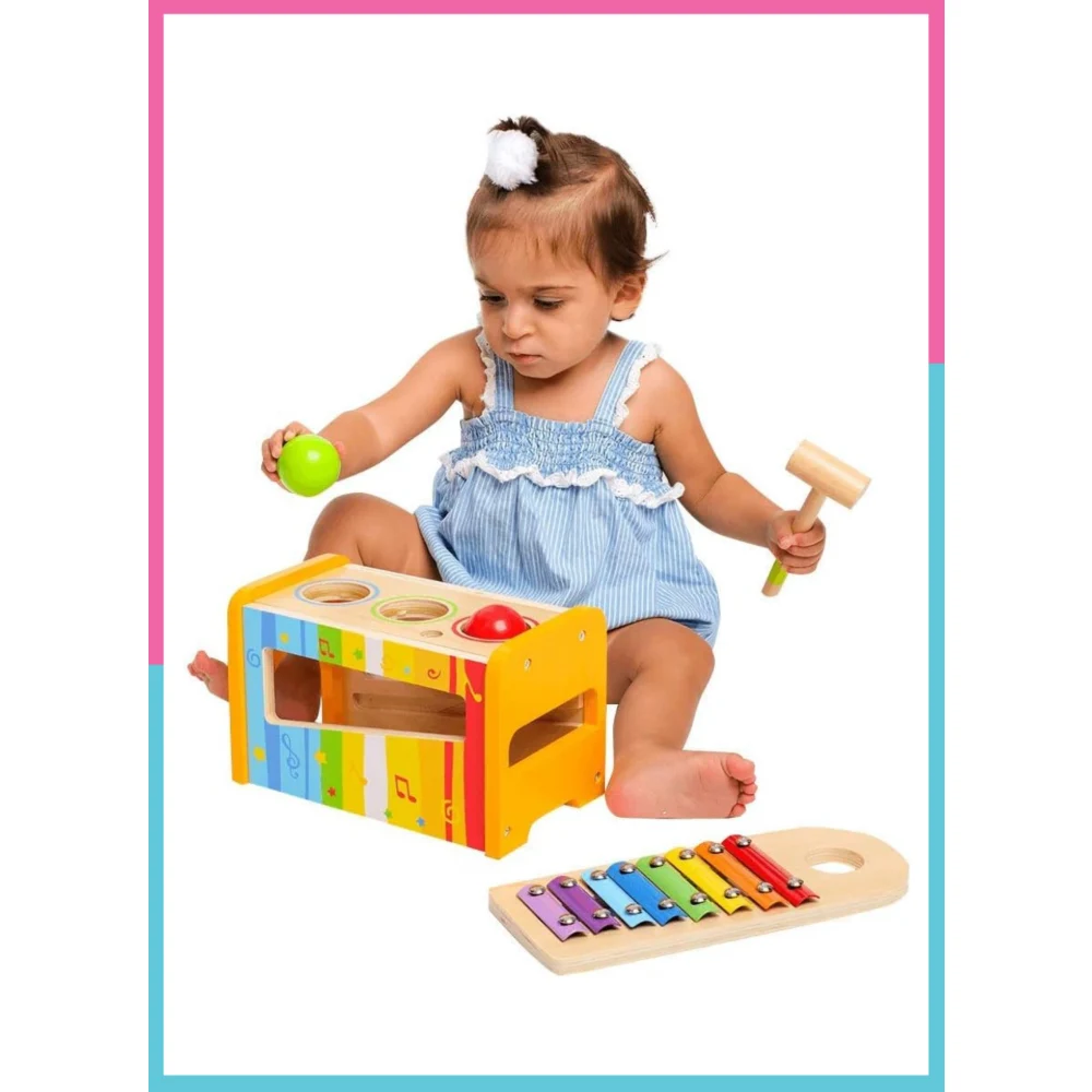 Little Angel Wooden Pound & Tap Xylophone, 2-in-1 Kids Musical Toy with Pounding Bench & Hammer, Montessori Learning Toy, 2 Years+, Multicolour - W07C068 - Image 3