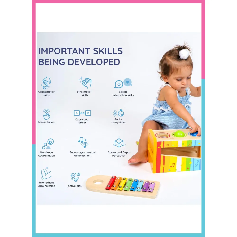 Little Angel Wooden Pound & Tap Xylophone, 2-in-1 Kids Musical Toy with Pounding Bench & Hammer, Montessori Learning Toy, 2 Years+, Multicolour - W07C068 - Image 5