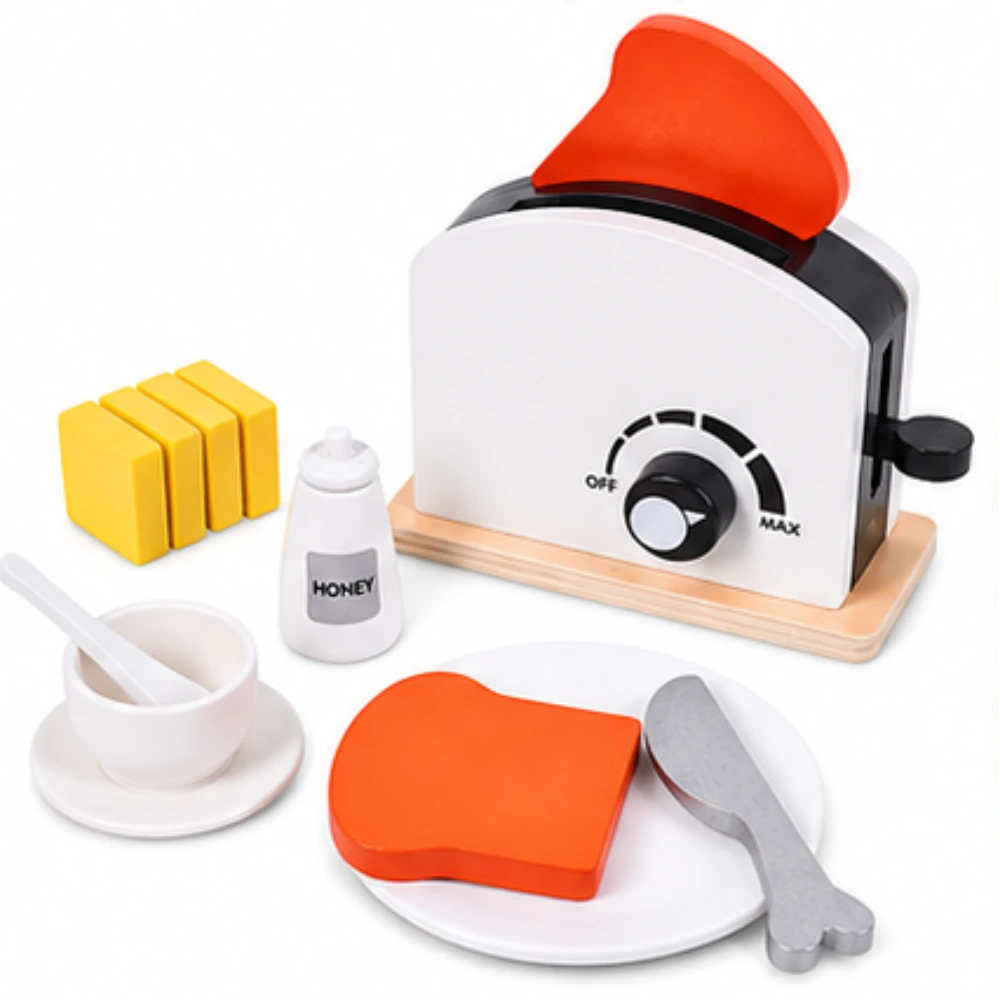 Little Angel Wooden Toaster Toy Set 13 Pcs, Kids Pretend Play Breakfast Set with Bread, Butter, Knife, Plate, Cup & Saucer, 12 Months+, Multicolour - Bl-20508